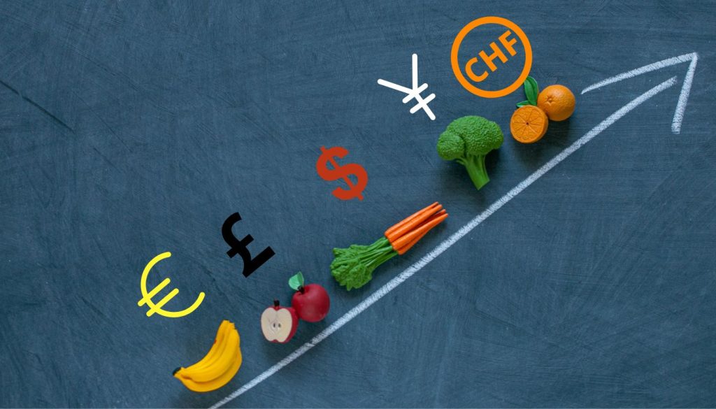 Représentation graphique de la hausse des prix des fruits et légumes. Différents symboles monétaires (euro, livre, dollar, yen et franc suisse) sont placés à côté de produits frais comme les bananes, les pommes, les carottes et les brocolis sur une flèche ascendante. 