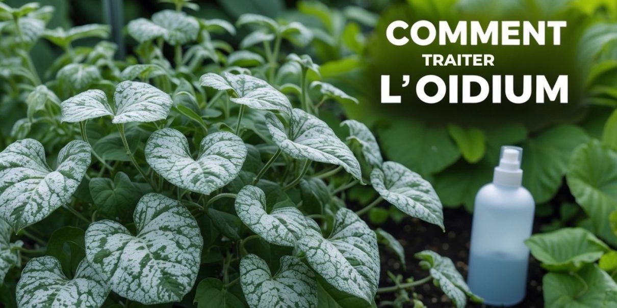 Comment traiter l'oïdium : des solutions simples et naturelles pour protéger vos plantes et les maintenir en bonne santé. A plant affected by powdery mildew, showing leaves covered with characteristic white spots, with a spray bottle in the foreground to illustrate an ecological treatment solution.