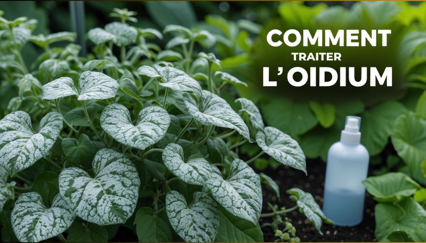 A plant affected by powdery mildew, showing leaves covered with characteristic white spots, with a spray bottle in the foreground to illustrate an ecological treatment solution.