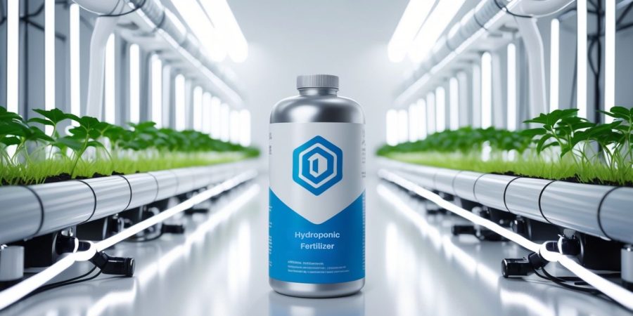 Hydroponic fertilizer bottle displayed in a modern indoor hydroponic farming setup with green plants in nutrient-rich water channels.