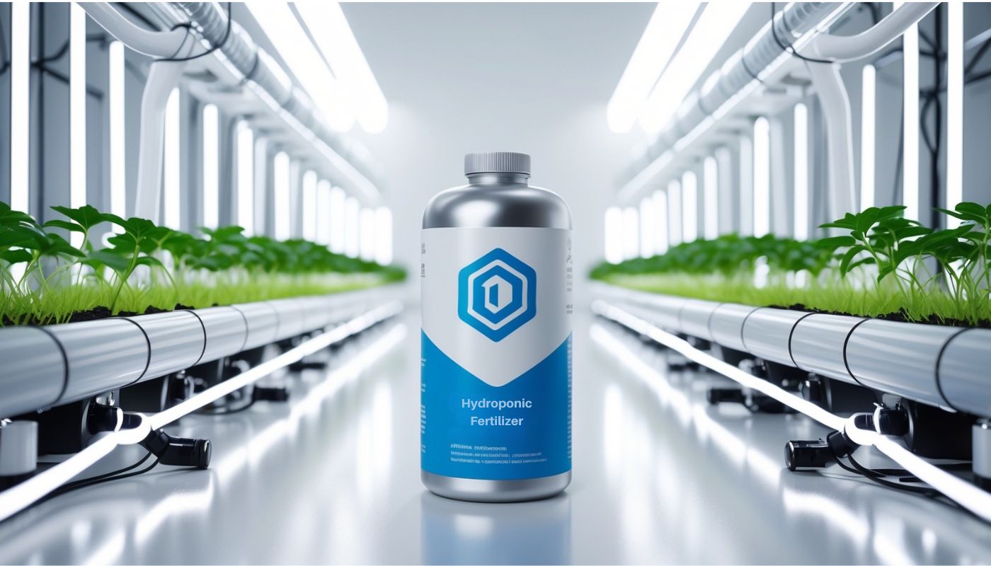 Hydroponic fertilizer bottle displayed in a modern indoor hydroponic farming setup with green plants in nutrient-rich water channels.