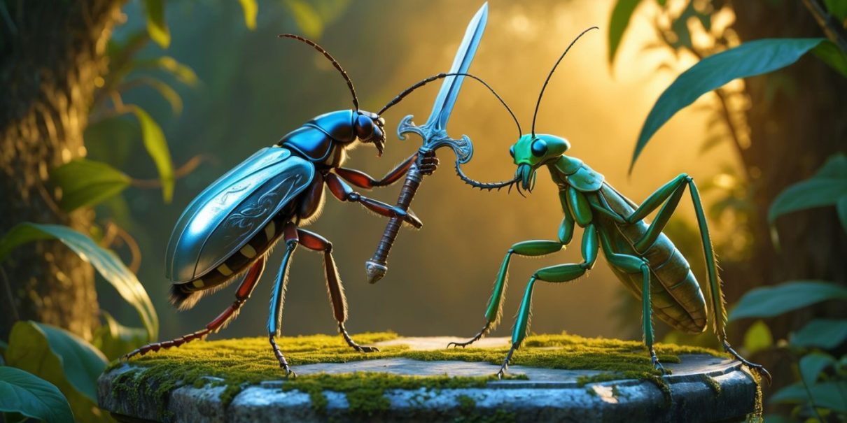 A dramatic duel between a beetle and a praying mantis, both wielding swords, set on a moss-covered platform in a lush forest at sunset.
