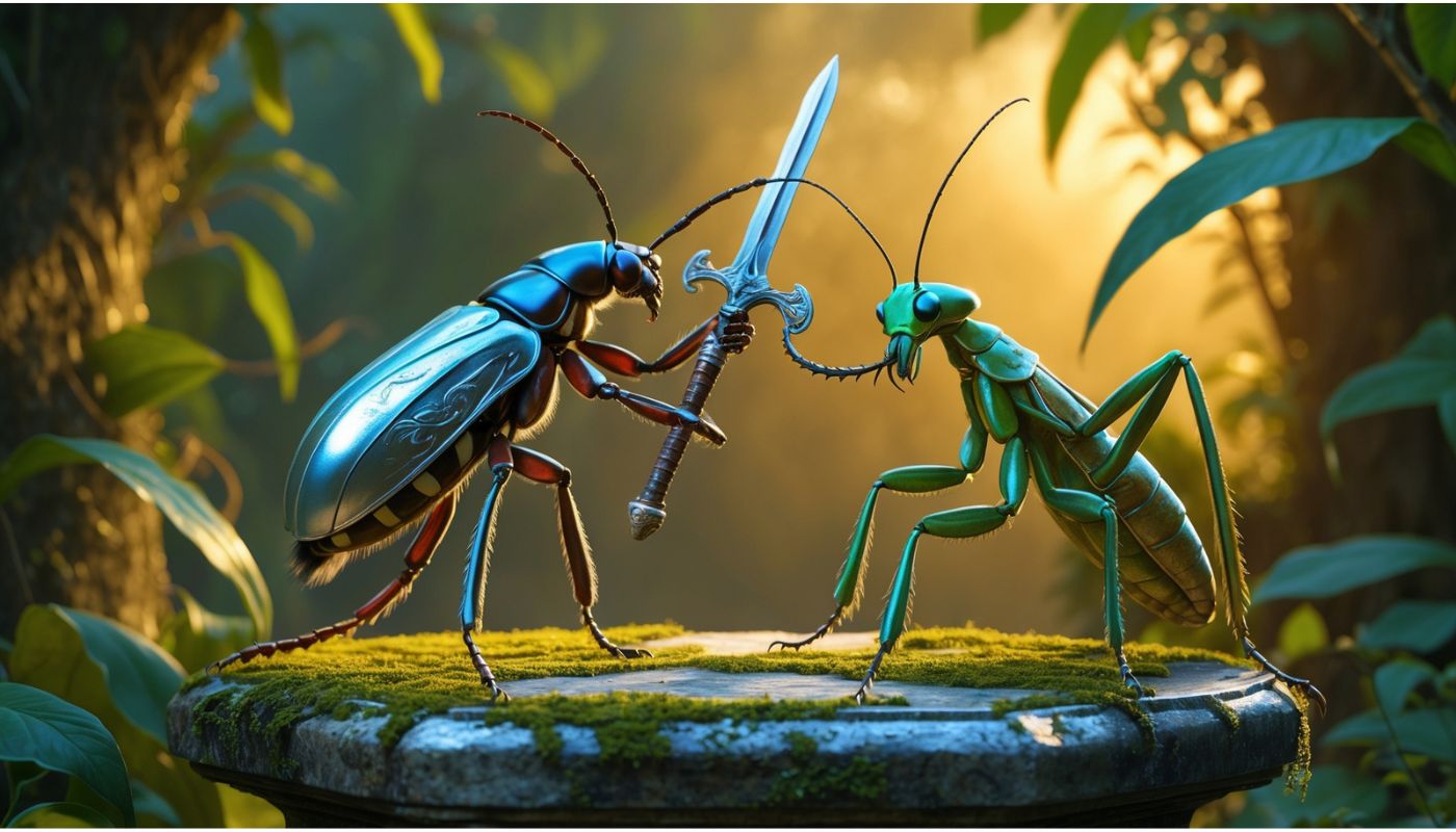 A dramatic duel between a beetle and a praying mantis, both wielding swords, set on a moss-covered platform in a lush forest at sunset.