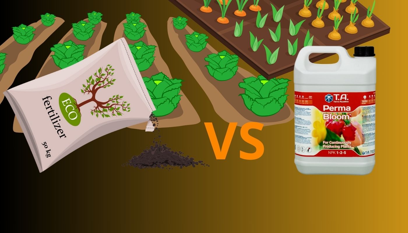 Comparison of eco-friendly powder fertilizer and Terra Aquatica liquid fertilizer, highlighting their benefits for indoor and outdoor gardening.